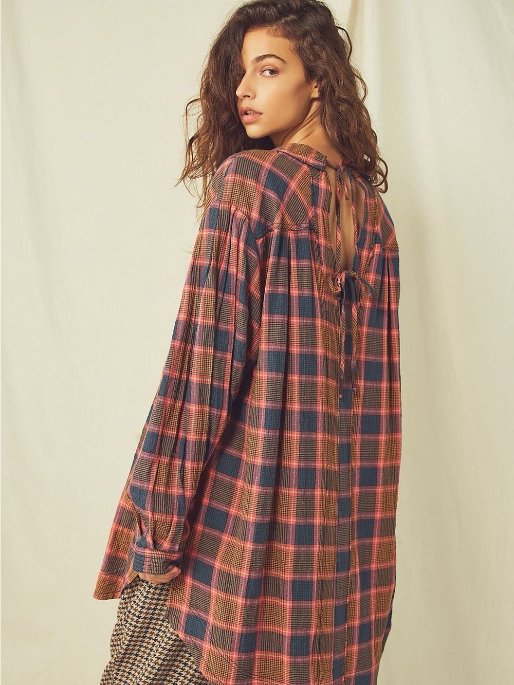 We The Free Plaid Tunic Shirt in Navy and Burgundy - Picture 4 of 6